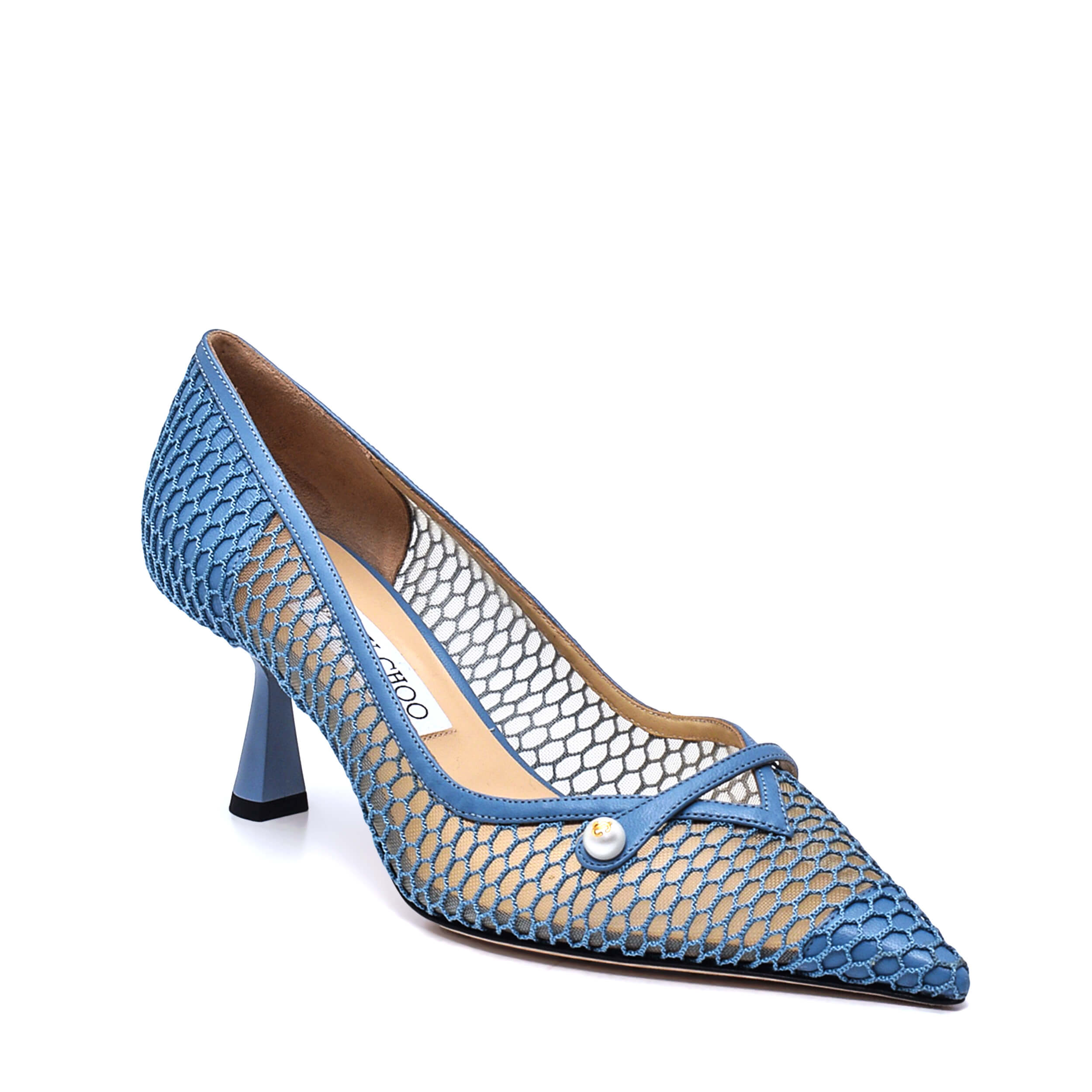 Jimmy Choo - Smoky Blue Rosalia Fishnet Mesh 65MM Pumps / 38